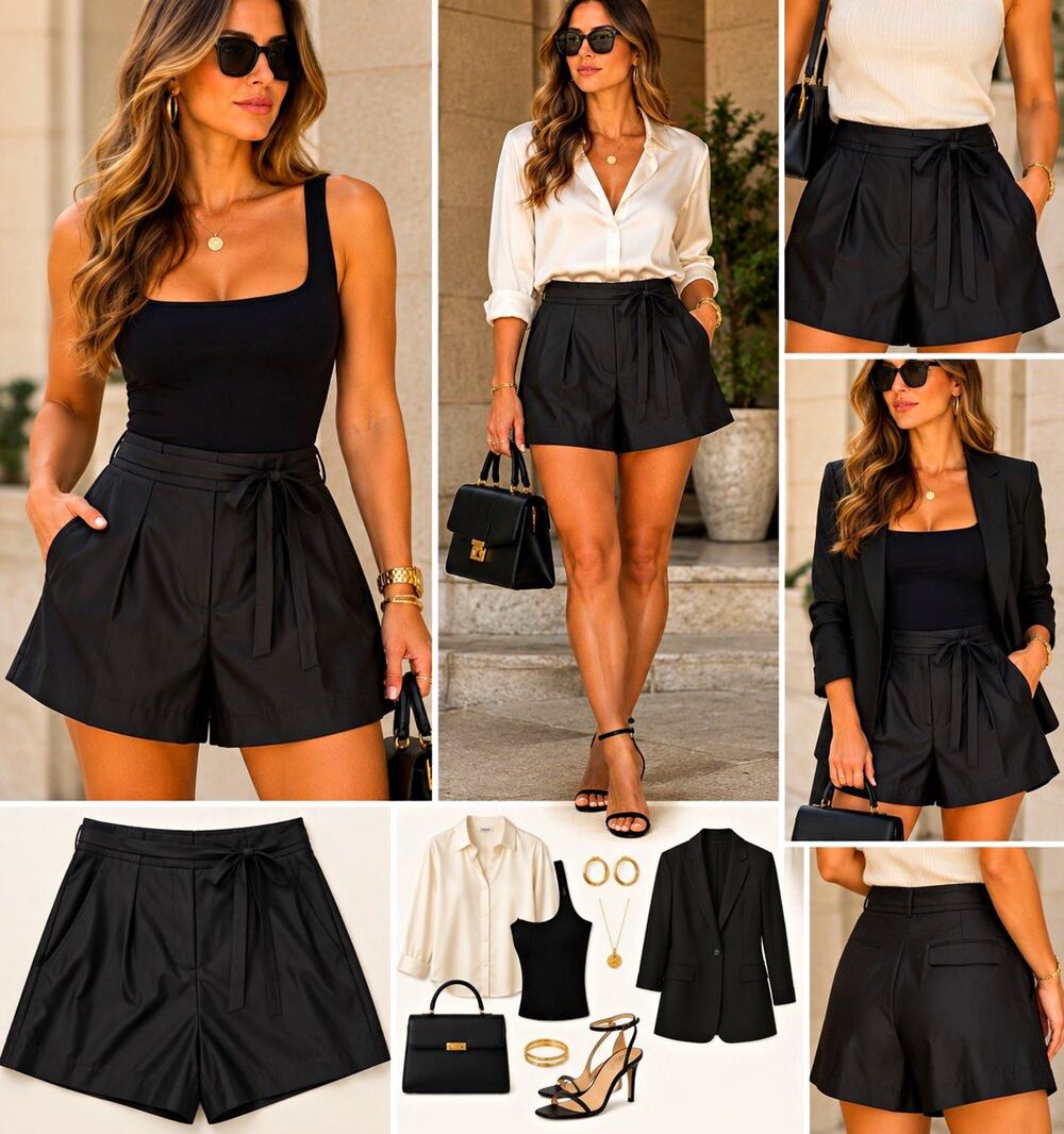Black Wool Silk Blend Tailored Shorts Wide Leg High Waist Designer